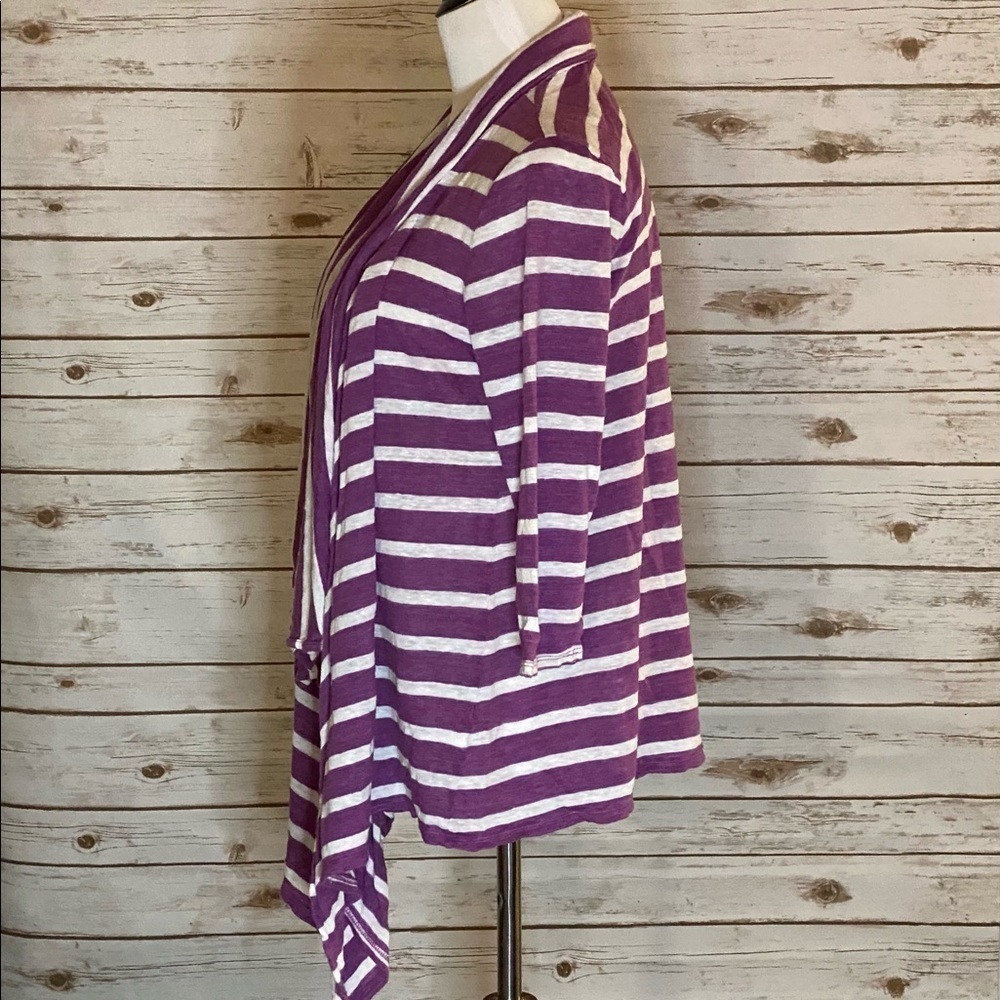 J. Jill purple/white striped linen coastal grandma waterfall cardigan sweater - Picture 3 of 5